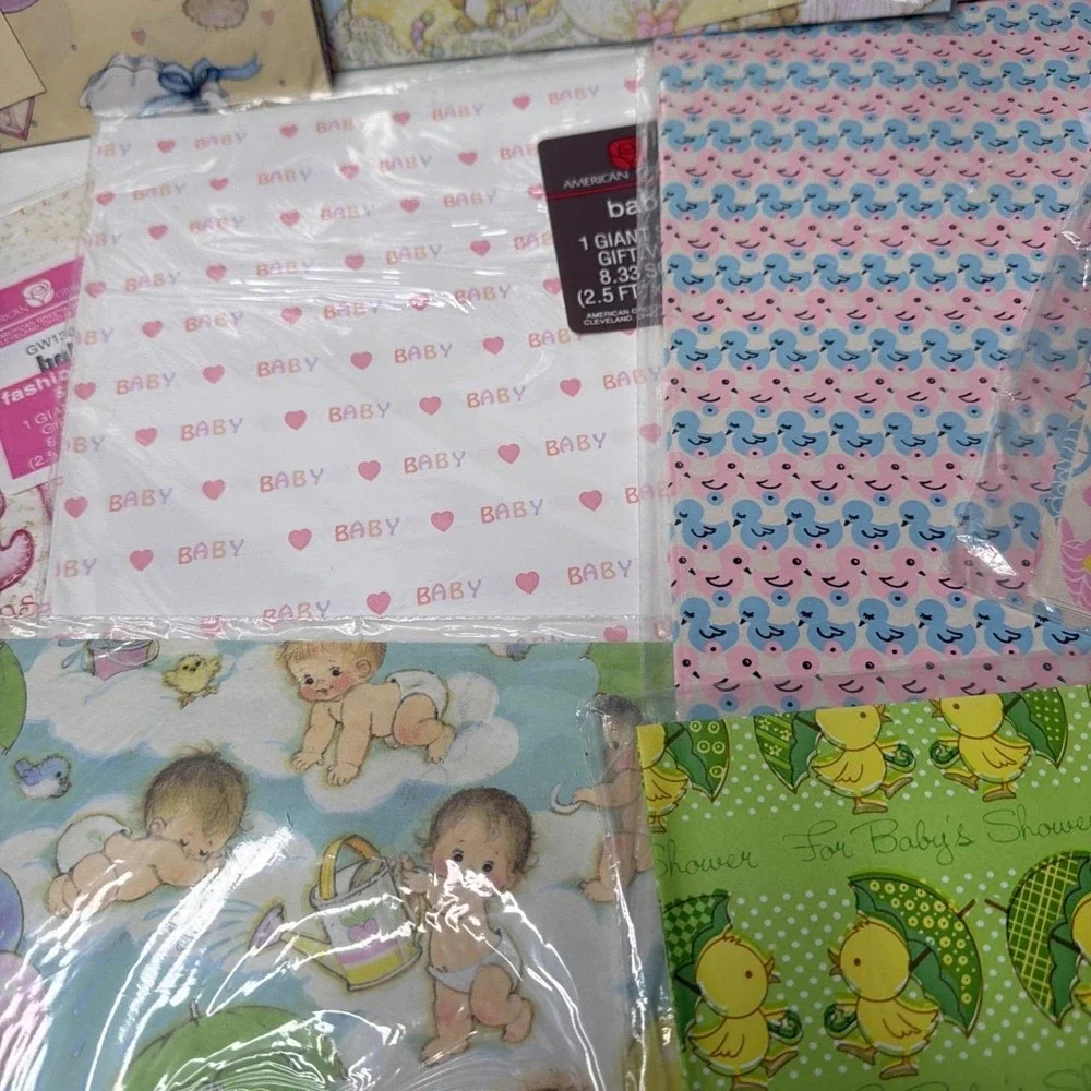 Vintage Baby Wrapping Paper lot incl Hallmark/American Greetings/Sangaman/Buzza+